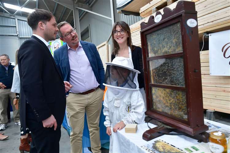 L-R William Taaffee of Lockdown, and Charles Burrell of Duncan & Toplis, with Sasha Grau and Felix Grau 6 of Oglesbees Honey, Newark. Photo by Iliffe Media/ David Dawson.